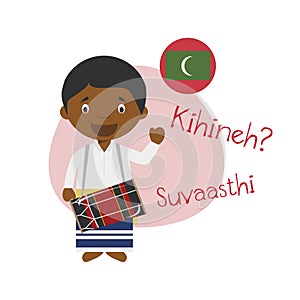 Vector illustration of cartoon character saying hello and welcome in Dhivehi