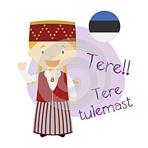 Vector illustration of cartoon character saying hello and welcome in Estonian