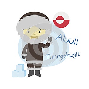 Vector illustration of cartoon character saying hello and welcome in Greenlandic or Inuktitut photo