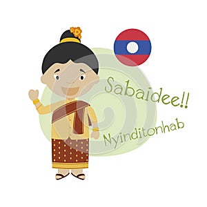 Vector illustration of cartoon character saying hello and welcome in Lao.