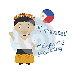 Vector illustration of cartoon character saying hello and welcome in Tagalog photo