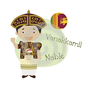 Vector illustration of cartoon character saying hello and welcome in Tamil.