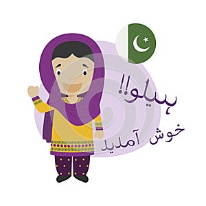 Vector illustration of cartoon character saying hello and welcome in Urdu