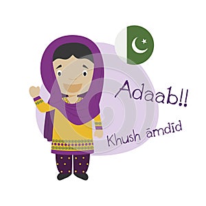 Vector illustration of cartoon character saying hello and welcome in Urdu.