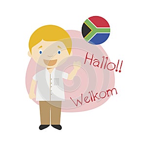 Vector illustration of cartoon character saying hello and welcome in Afrikaans photo