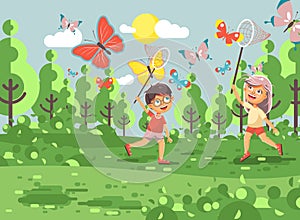 Vector illustration cartoon character two children, young naturalists, biologist boy and girl catch colorful butterflies photo
