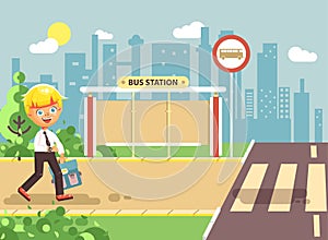 Vector illustration cartoon characters child, observance traffic rules, lonely blonde boy schoolchild, pupil go to road