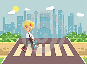 Vector illustration cartoon characters child, observance traffic rules, lonely blonde boy schoolchild, pupil go to road