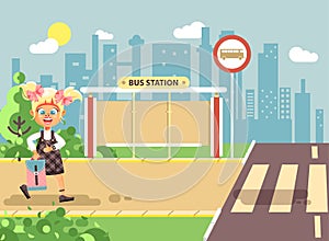 Vector illustration cartoon characters child, observance traffic rules, lonely blonde girl schoolchild, pupil go to road