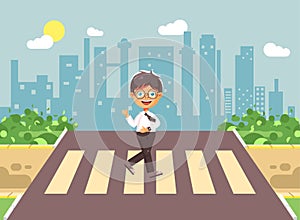 Vector illustration cartoon characters child, observance traffic rules, lonely brunette boy schoolchild, pupil go to