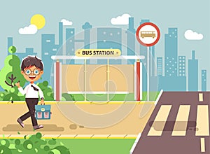 Vector illustration cartoon characters child, observance traffic rules, lonely brunette boy schoolchild, pupil go to photo