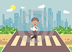 Vector illustration cartoon characters child, observance traffic rules, lonely brunette boy schoolchild, pupil go to photo