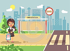 Vector illustration cartoon characters child, observance traffic rules, lonely brunette girl schoolchild, pupil go to