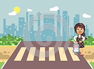 Vector illustration cartoon characters child, observance traffic rules, lonely brunette girl schoolchild, pupil go to photo