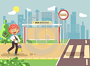 Vector illustration cartoon characters child, observance traffic rules, lonely redhead boy schoolchild, pupil go to road