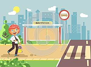 Vector illustration cartoon characters child, observance traffic rules, lonely redhead boy schoolchild, pupil go to road photo