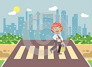 Vector illustration cartoon characters child, observance traffic rules, lonely redhead boy schoolchild, pupil go to road photo