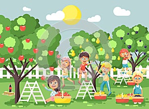 Vector illustration cartoon characters children boys and girls harvest ripe fruits autumn orchard garden from plum, pear