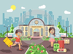 Vector illustration of cartoon characters children, late boy running on perron, little girl standing at railway station