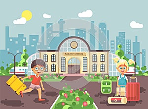 Vector illustration of cartoon characters children, late boy running on perron, little girl standing at railway station