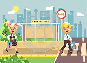 Vector illustration cartoon characters children, observance traffic rules, boy and girl schoolchildren classmates go to