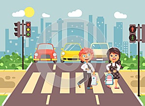 Vector illustration cartoon characters children, observance traffic rules, boy and girl schoolchildren classmates go to