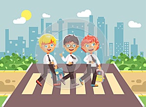 Vector illustration cartoon characters children, observance traffic rules, boy schoolboys, classmates pupils go to road