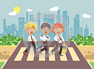 Vector illustration cartoon characters children, observance traffic rules, boy schoolboys, classmates pupils go to road photo