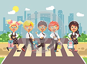 Vector illustration cartoon characters children, observance traffic rules, boys and girl schoolchildren classmates go to