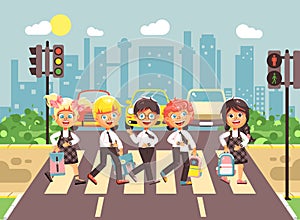 Vector illustration cartoon characters children, observance traffic rules, boys and girls schoolchildren classmates go