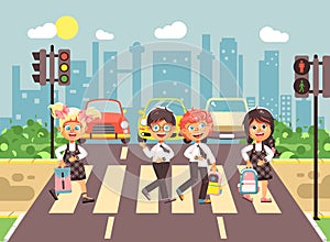 Vector illustration cartoon characters children, observance traffic rules, boys and girls schoolchildren classmates go
