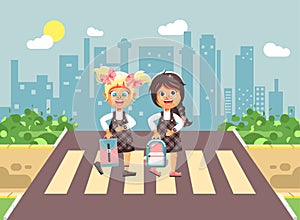 Vector illustration cartoon characters children, observance traffic rules, girls schoolgirls, classmates pupils go to photo