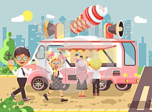 Vector illustration cartoon characters children, pupils, schoolboys and schoolgirls buy ice cream, vanilla, chocolate