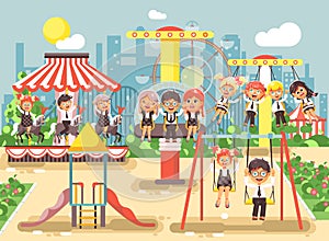 Vector illustration of cartoon characters children schoolboys schoolgirls classmates resting in amusement park ride on