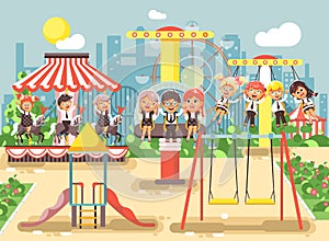 Vector illustration of cartoon characters children schoolboys schoolgirls classmates resting in amusement park ride on