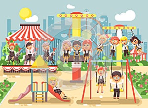 Vector illustration of cartoon characters children schoolboys schoolgirls classmates resting in amusement park ride on