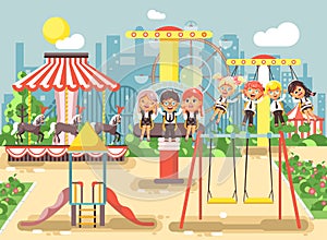 Vector illustration of cartoon characters children schoolboys schoolgirls classmates resting in amusement park ride on