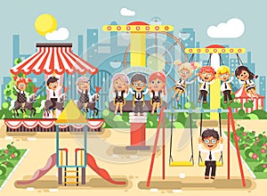 Vector illustration of cartoon characters children schoolboys schoolgirls classmates resting in amusement park ride on