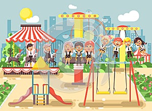 Vector illustration of cartoon characters children schoolboys schoolgirls classmates resting in amusement park ride on