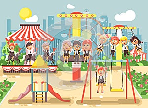 Vector illustration of cartoon characters children schoolboys schoolgirls classmates resting in amusement park ride on