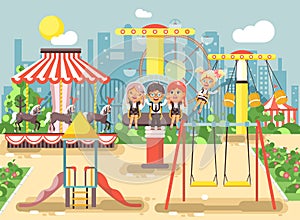 Vector illustration of cartoon characters children schoolboys schoolgirls classmates resting in amusement park ride on photo