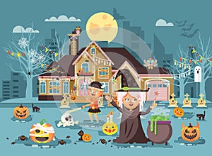 Vector illustration cartoon characters children Trick-or-Treat, boy, girl costumes, fancy dresses celebrate holiday