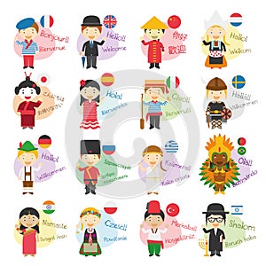 Vector illustration of 16 cartoon characters saying hello and welcome in different languages