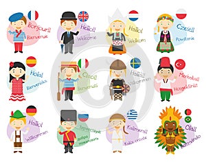 Vector illustration of cartoon characters saying hello and welcome in 12 different languages