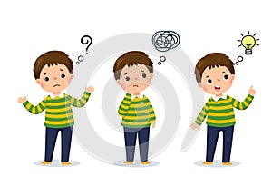 Vector illustration of cartoon child thinking. Thoughtful boy, confused boy, and boy with illustrated bulb above his head