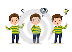 Vector illustration of cartoon child thinking. Thoughtful boy, confused boy, and boy with illustrated bulb above his head photo
