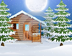 Cartoon of Christmas wooden house with fir trees