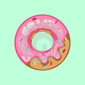 Vector illustration of cartoon colorful tasty donut isolated on milky green background with pink sugar glaze and multicolored spri