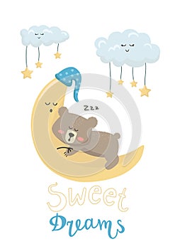 Vector illustration cartoon cute bear boy sleeping on the moon and clouds with stars and lettering Sweet dreams