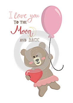 Vector illustration cartoon cute bear girl flying in a balloon and holding a heart and lettering I love you to the moon and back